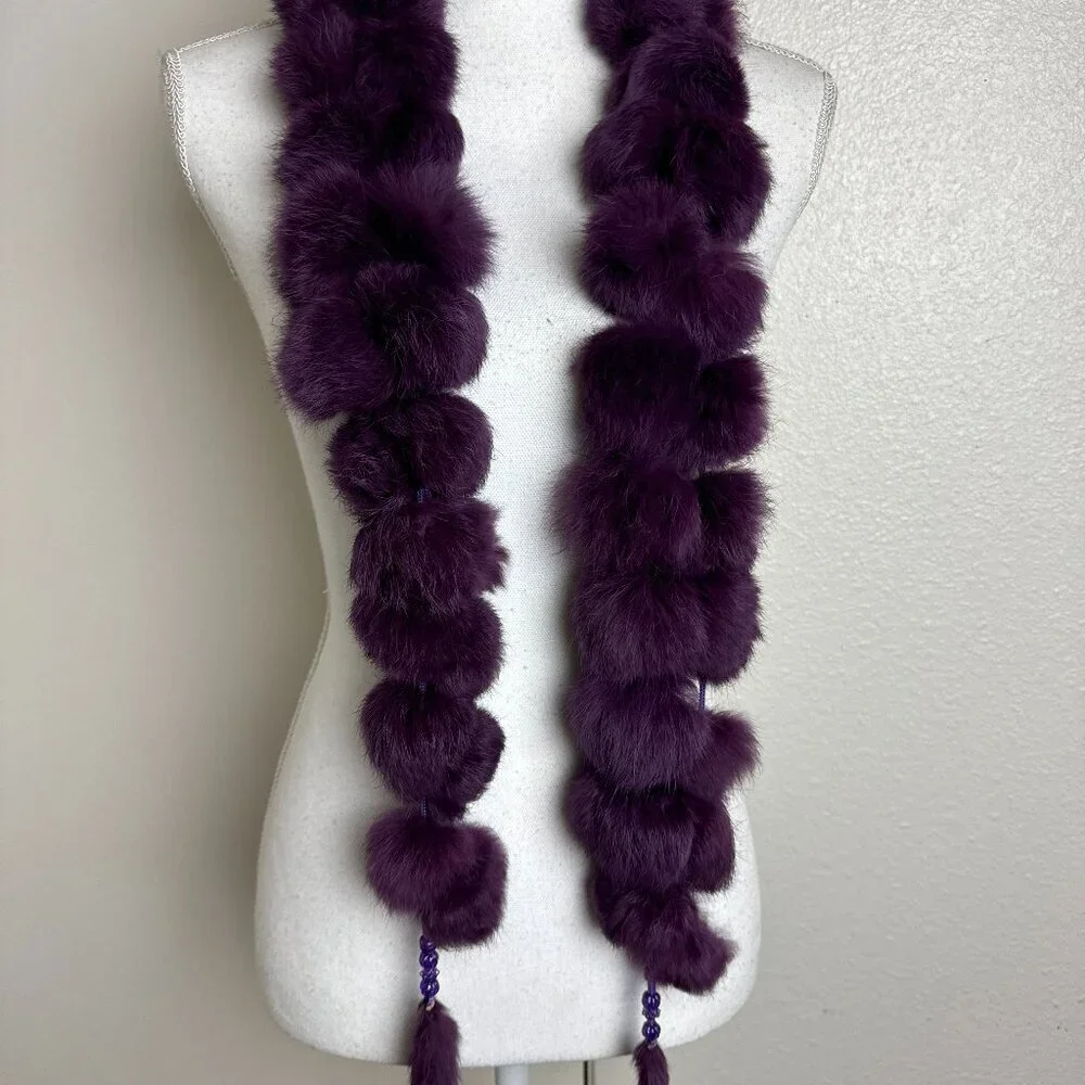 Pom Pom Real Rabbit Fur Scarf Purple
